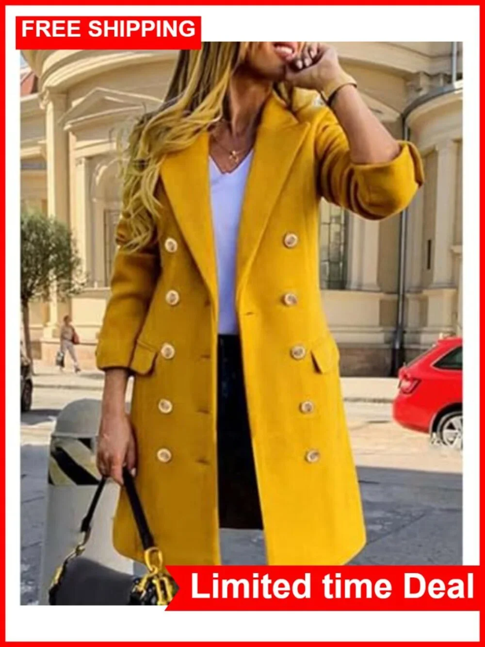 Women's Double Breasted Notched Lapel Trench Coat Knee Length Overcoat